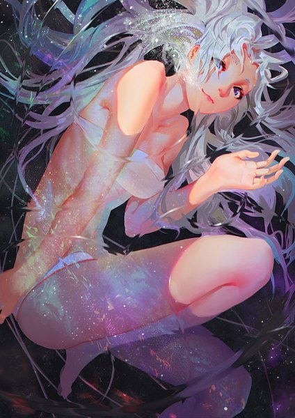 Anime picture 670x947 with original karasu-san (syh3iua83) single long hair tall image looking at viewer blue eyes light erotic smile silver hair from above partially submerged afloat girl swimsuit bikini water