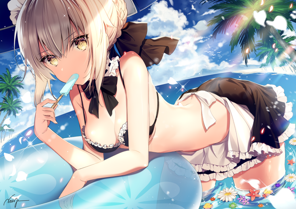 Anime picture 847x600 with fate (series) fate/grand order artoria pendragon (all) artoria pendragon (alter swimsuit rider) (fate) necomi (gussan) single fringe short hair breasts light erotic blonde hair hair between eyes bare shoulders holding signed yellow eyes payot looking away cleavage cloud (clouds)
