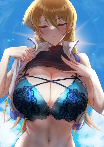 Anime picture 2894x4093 with yu-gi-oh! yu-gi-oh! gx tenjouin asuka shaddoll fusion single long hair tall image blush fringe highres breasts light erotic blonde hair hair between eyes standing bare shoulders sky cleavage upper body eyes closed