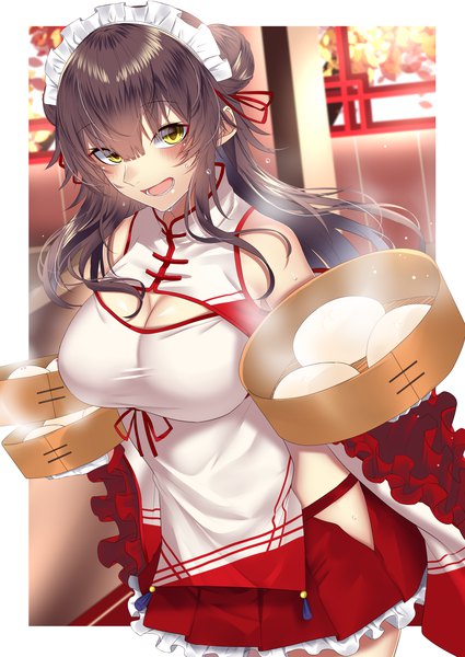 Anime picture 1128x1593 with original onineko-chan single long hair tall image looking at viewer blush fringe breasts open mouth light erotic smile hair between eyes brown hair large breasts standing bare shoulders holding yellow eyes cleavage