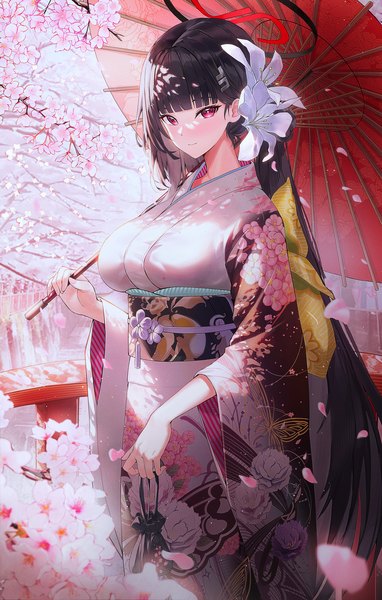 Anime picture 2200x3452 with blue archive rio (blue archive) wakum single tall image looking at viewer blush fringe highres breasts black hair smile red eyes large breasts standing holding outdoors blunt bangs long sleeves very long hair