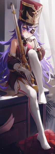 Anime picture 2595x7227 with genshin impact chevreuse (genshin impact) swkl:d single long hair tall image looking at viewer fringe highres open mouth hair between eyes sitting purple eyes bare shoulders signed purple hair full body bent knee (knees) indoors multicolored hair