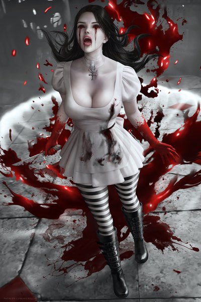 Anime picture 5000x7500 with american mcgee's alice (game) alice: madness returns alice (american mcgee's) wickellia single long hair tall image fringe highres breasts open mouth black hair red eyes large breasts standing holding looking away absurdres full body from above