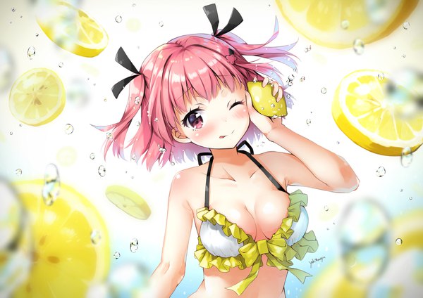 Anime picture 2047x1447 with original yaki mayu single looking at viewer blush highres short hair breasts light erotic simple background white background bare shoulders holding signed pink hair cleavage upper body one eye closed pink eyes wink