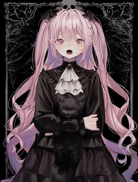 Anime picture 1549x2048 with original shou (mori boro) single long hair tall image looking at viewer fringe open mouth payot pink hair upper body blunt bangs pink eyes pointy ears two side up border black background outside border girl dress