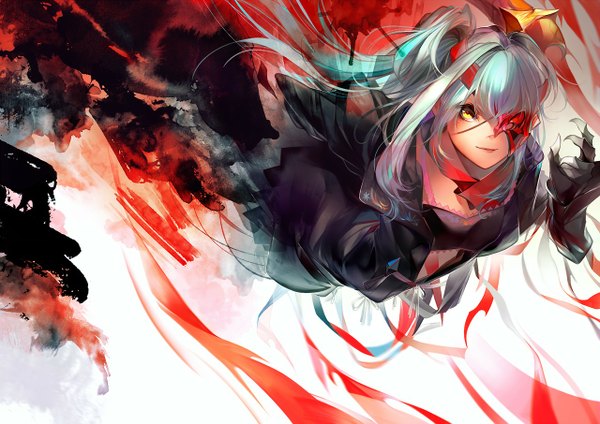 Anime-Bild 1280x906 mit lord of vermilion teo (lord of vermilion iii) fumoe single long hair looking at viewer yellow eyes silver hair girl dress eyepatch