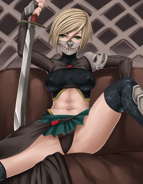 Anime picture 4480x5760 with original forgotten-wings single tall image looking at viewer highres short hair light erotic green eyes absurdres spread legs erect nipples covered nipples dark hair assassin girl navel underwear panties weapon