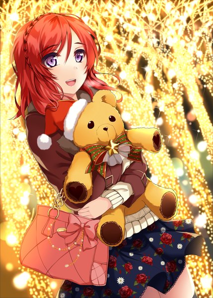 Anime picture 800x1119 with love live! school idol project sunrise (studio) love live! nishikino maki clock (clockart) long hair tall image open mouth standing purple eyes red hair teeth hug floral print light happy looking up glow hug from behind girl