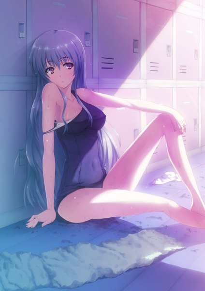 Anime picture 1753x2480 with original siva (executor) long hair tall image highres light erotic purple eyes blue hair wet legs girl swimsuit one-piece swimsuit school swimsuit