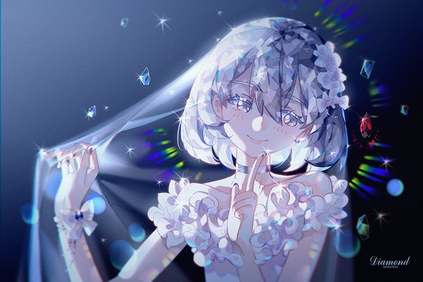 Anime-Bild 1000x668 mit houseki no kuni diamond (houseki no kuni) instockee single blush fringe short hair smile hair between eyes looking away silver hair nail polish head tilt off shoulder character names gradient background finger to mouth frilled dress silver eyes androgynous