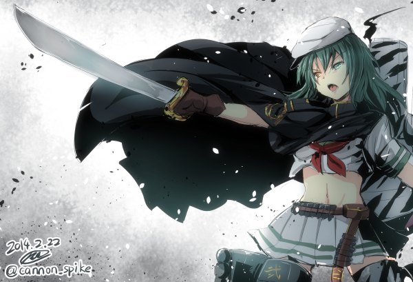 Anime picture 1200x818 with kantai collection kiso light cruiser gin'ichi (akacia) single long hair green eyes signed yellow eyes looking away green hair bare belly heterochromia girl gloves navel weapon hat sword gun cape