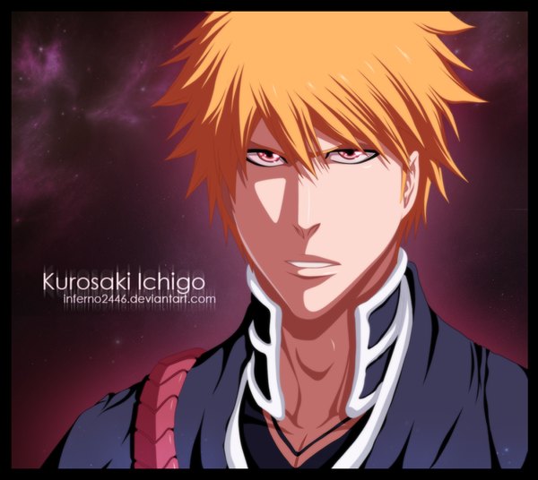 Anime picture 1000x894 with bleach studio pierrot kurosaki ichigo inferno2446 single short hair japanese clothes pink eyes orange hair inscription coloring portrait framed boy kimono star (stars)