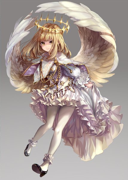 Anime picture 1000x1402 with original pisuke single long hair tall image looking at viewer simple background blonde hair yellow eyes grey background girl dress pantyhose wings frills white dress