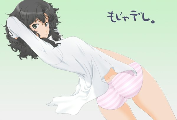 Anime picture 1180x802 with amagami tanamachi kaoru ns (nasu2000) single blush light erotic black hair smile ass looking back black eyes open clothes arms up open shirt wavy hair striped messy hair girl underwear panties
