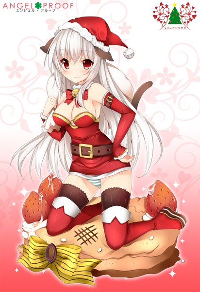 Anime picture 1032x1500 with original usagihime long hair tall image blush breasts light erotic red eyes animal ears white hair animal tail pantyshot fur trim girl thighhighs gloves black thighhighs detached sleeves elbow gloves fur