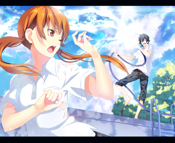 Anime picture 2048x1681 with tonari no kaibutsu-kun brains base (studio) mizutani shizuku yoshida haru tempestdh long hair highres short hair open mouth black hair smile twintails sky cloud (clouds) eyes closed one eye closed looking back wink sunlight orange hair