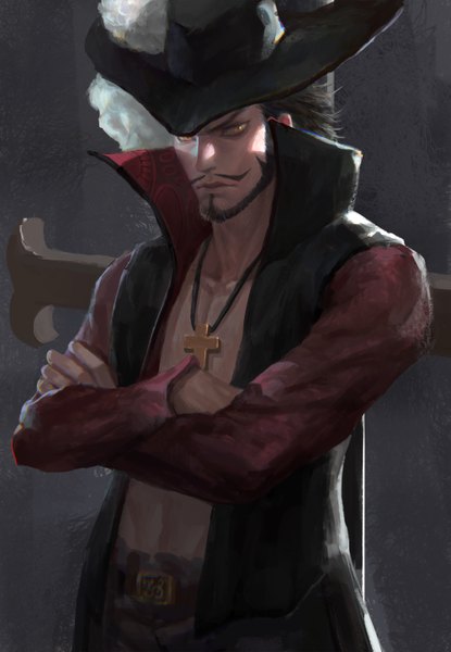 Anime picture 1000x1444 with one piece toei animation dracule mihawk diaodiao single tall image looking at viewer short hair black hair simple background grey background bare belly orange eyes crossed arms boy hat pendant cloak cross beard