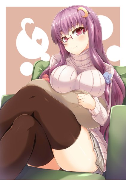 Anime picture 2079x2953 with touhou patchouli knowledge nekur single long hair tall image looking at viewer blush highres breasts light erotic smile large breasts purple hair pink eyes pantyshot bespectacled girl thighhighs underwear