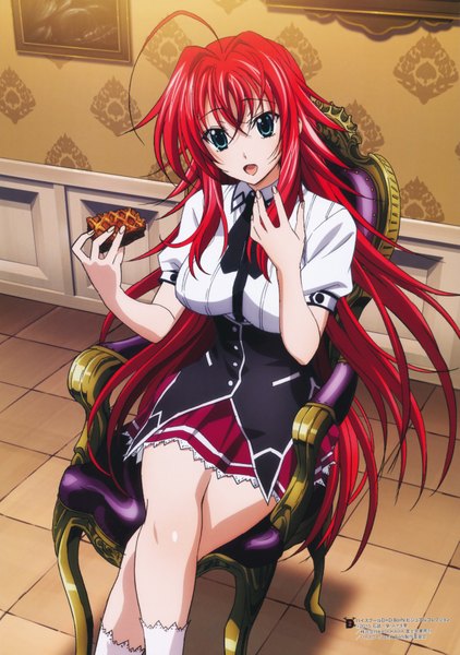 Anime picture 5319x7563 with highschool dxd rias gremory miyama zero single tall image highres open mouth blue eyes sitting absurdres red hair very long hair scan official art crossed legs girl uniform school uniform socks white socks