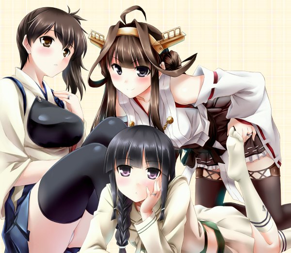 Anime picture 1200x1045 with kantai collection kongou battleship kaga aircraft carrier kitakami light cruiser makxma long hair looking at viewer blush short hair breasts light erotic black hair smile brown hair purple eyes multiple girls brown eyes ponytail black eyes pantyshot