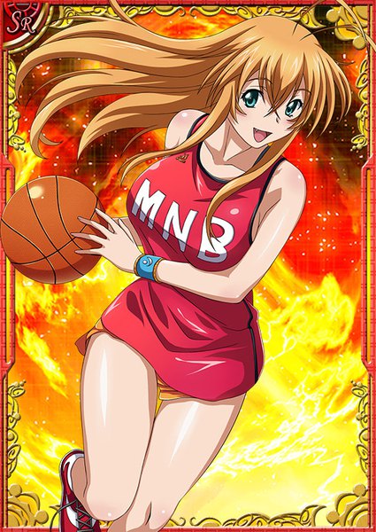 Anime picture 567x800 with ikkitousen sonsaku hakufu single long hair tall image blush fringe breasts open mouth light erotic blonde hair smile hair between eyes large breasts holding payot looking away ahoge bent knee (knees) :d