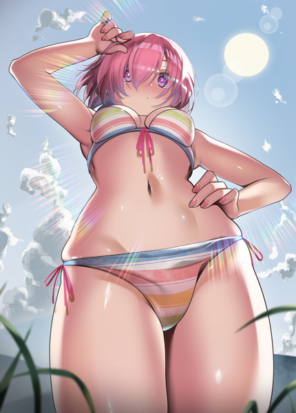 Anime picture 2595x3624 with fate (series) fate/grand order mash kyrielight mash kyrielight (swimsuit of perpetual summer ver.02) nanaken nana single tall image looking at viewer blush fringe highres short hair breasts light erotic standing purple eyes pink hair sky cloud (clouds) outdoors