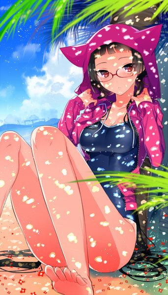 Anime picture 571x1000 with original donacoo tall image blush light erotic black hair red eyes very long hair barefoot bare legs beach girl swimsuit plant (plants) tree (trees) glasses palm tree