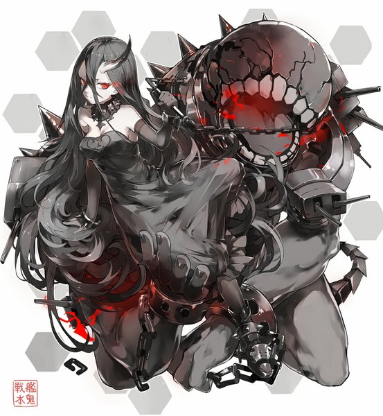 Anime picture 922x1000 with kantai collection battleship water oni nine (liuyuhao1992) single tall image looking at viewer black hair hair between eyes red eyes sitting very long hair horn (horns) teeth glowing glowing eye (eyes) oni horns white skin girl dress gloves
