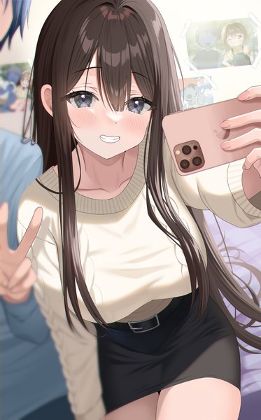 Anime picture 2204x3541 with original piyopoyo long hair tall image looking at viewer blush fringe highres breasts smile hair between eyes brown hair large breasts sitting holding payot indoors long sleeves teeth grey eyes