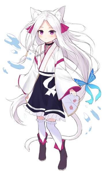 Anime picture 2155x3516 with original satou (3366 s) single tall image looking at viewer highres simple background standing white background animal ears full body white hair tail very long hair traditional clothes japanese clothes animal tail pink eyes cat ears cat girl
