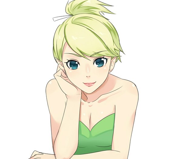 Anime picture 1000x874 with peter pan tinkerbell (character) maaya (pixiv176728) single looking at viewer fringe short hair simple background blonde hair smile white background bare shoulders aqua eyes lips pointy ears sleeveless girl