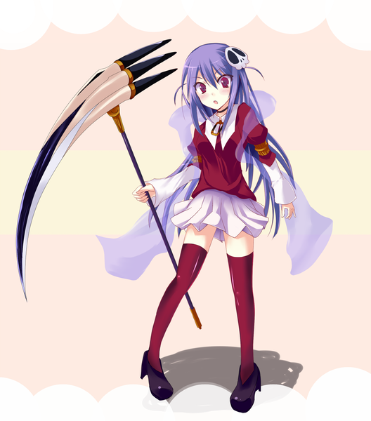 Anime picture 1100x1250 with kami nomi zo shiru sekai haqua du lot herminium single long hair tall image blush red eyes purple hair girl thighhighs skirt hair ornament miniskirt scythe skull hair ornament