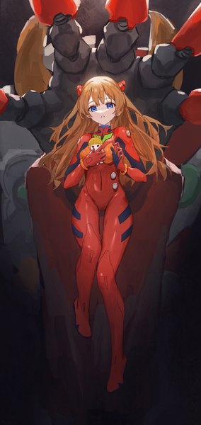 Anime picture 1925x4069 with neon genesis evangelion gainax soryu asuka langley shikinami asuka langley eva 02 sentter single long hair tall image looking at viewer fringe highres blue eyes light erotic brown hair holding full body bent knee (knees) blunt bangs parted lips
