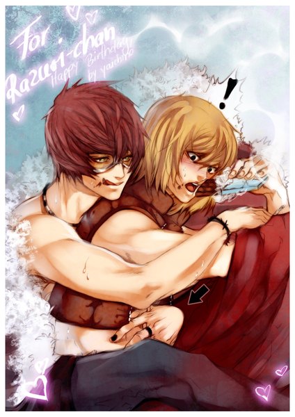 Anime picture 2480x3508 with death note madhouse mello (mihael keehl) matt yaichino (artist) tall image highres short hair blonde hair red hair multiple boys eating muscle framed shounen ai licking hug from behind boy glasses food