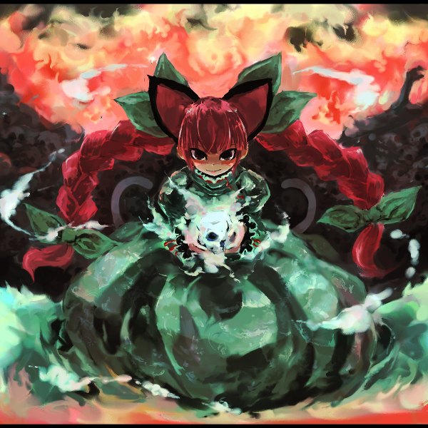Anime picture 1200x1200 with touhou kaenbyou rin ast (artist) single long hair black hair smile animal ears red hair braid (braids) cat ears cat girl cat tail multiple tails extra ears girl dress bow hair bow skull