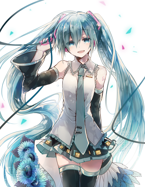 Anime picture 780x1003 with vocaloid hatsune miku cyawa single tall image looking at viewer fringe hair between eyes twintails bare shoulders ahoge very long hair nail polish head tilt aqua eyes aqua hair zettai ryouiki girl thighhighs skirt