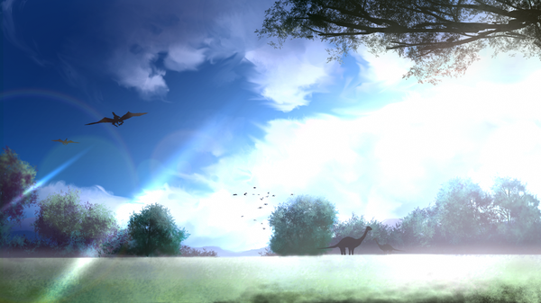 Anime picture 1920x1080 with original tsuruzen highres wide image sky cloud (clouds) no people landscape nature plant (plants) tree (trees) dinosaur