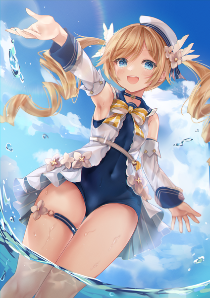 Anime picture 2894x4093 with genshin impact barbara (genshin impact) barbara (summertime sparkle) (genshin impact) fuyoyo single long hair tall image highres open mouth blue eyes light erotic blonde hair standing twintails sky cloud (clouds) :d from below partially submerged lens flare