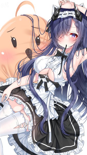Anime picture 1300x2300 with azur lane manjuu (azur lane) august von parseval (azur lane) august von parseval (the conquered unhulde) (azur lane) xianyuus nw single long hair tall image looking at viewer blush fringe breasts blue eyes light erotic simple background large breasts white background sitting holding payot