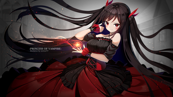 Anime picture 1920x1080 with original kurotobi rarumu single looking at viewer blush fringe highres black hair smile red eyes wide image standing signed outdoors very long hair parted lips two side up wallpaper text floating hair