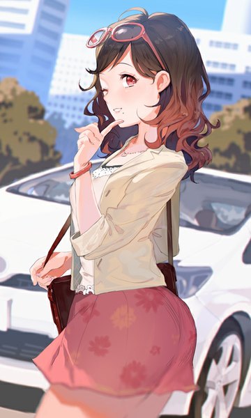 Anime picture 480x800 with original ekao single long hair tall image fringe open mouth red eyes brown hair standing eyes closed one eye closed wink sunlight blurry mole depth of field city wavy hair cityscape