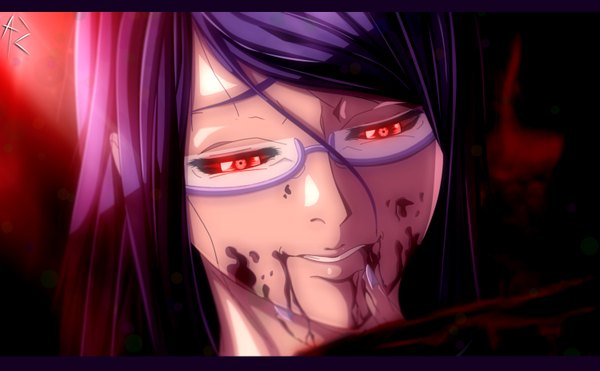 Anime picture 3000x1857 with tokyo ghoul studio pierrot kamishiro rize single long hair highres smile red eyes wide image signed purple hair coloring looking down face red background clenched teeth girl glasses blood
