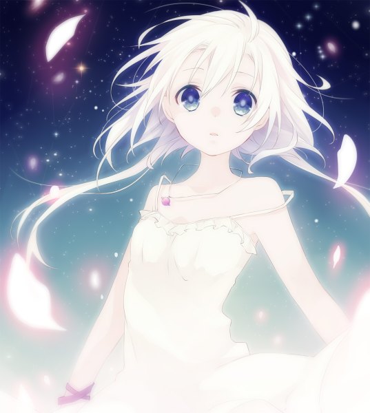 Anime picture 1074x1200 with original kuroi (liar-player) single long hair tall image looking at viewer fringe hair between eyes twintails ahoge white hair parted lips wind night night sky low twintails strap slip glow girl dress