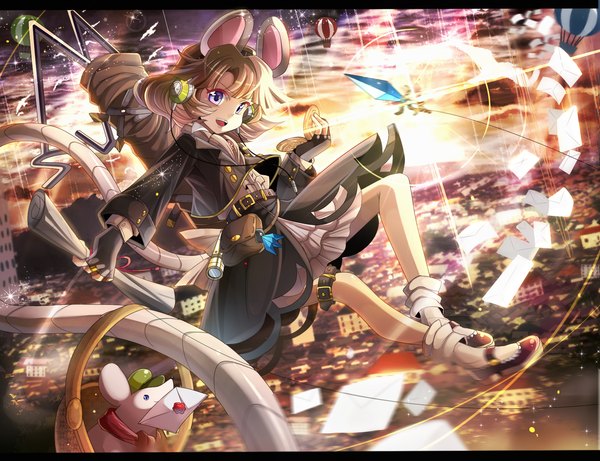 Anime picture 1737x1337 with touhou nazrin fumiko (miruyuana) highres short hair brown hair purple eyes animal ears cloud (clouds) animal tail girl dress headphones fingerless gloves letter mouse
