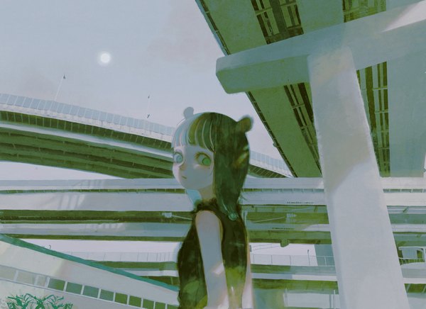 Anime picture 2048x1489 with original azigashimitoru single looking at viewer fringe highres short hair black hair green eyes animal ears upper body outdoors blunt bangs sleeveless girl road