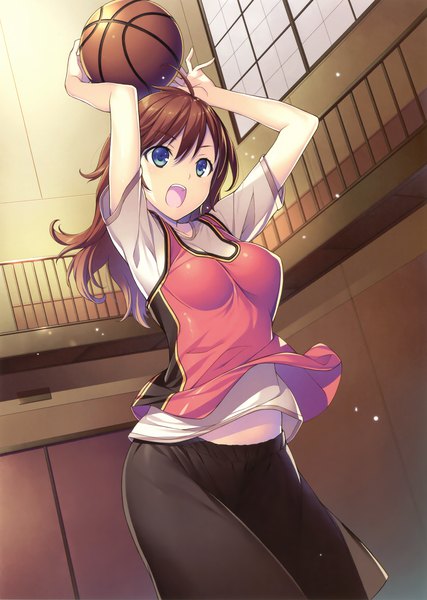 Anime picture 2489x3500 with original kikuchi seiji single long hair tall image highres open mouth blue eyes brown hair looking away scan official art playing sports girl uniform gym uniform ball basketball ball basketball uniform