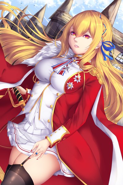 Anime picture 1170x1752 with azur lane king george v (azur lane) shiro usagi single long hair tall image looking at viewer fringe breasts light erotic blonde hair hair between eyes large breasts standing purple eyes payot sky cloud (clouds) outdoors braid (braids)