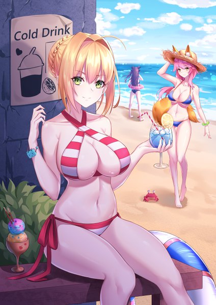 Anime picture 4133x5847 with fate (series) fate/grand order nero claudius (fate) (all) tamamo (fate) (all) ishtar (fate) nero claudius (swimsuit caster) (fate) tamamo no mae (swimsuit lancer) (fate) wan xing long hair tall image looking at viewer fringe highres short hair breasts light erotic black hair blonde hair smile hair between eyes