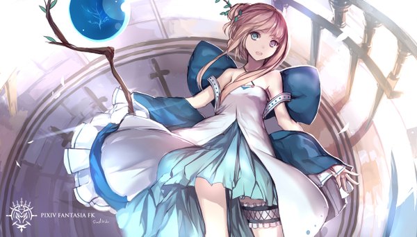 Anime picture 1240x708 with original pixiv fantasia pixiv fantasia fallen kings swd3e2 single long hair looking at viewer open mouth brown hair wide image bare shoulders heterochromia girl dress petals staff