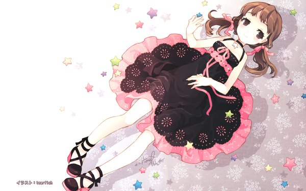 Anime picture 1920x1200 with persona 4 doujima nanako tearfish blush highres short hair smile brown hair twintails brown eyes lying wallpaper short twintails girl dress ribbon (ribbons) hair ribbon star (symbol)